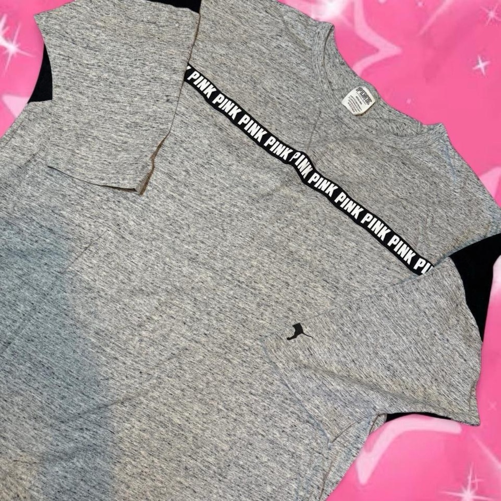 PINK Victoria's Secret Gray Tee with Black Sleeve Panels and PINK Logo Tape
